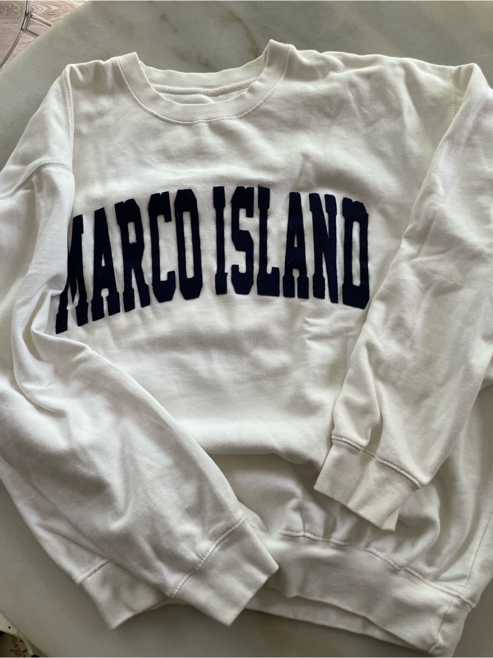 Marco Island White Crewneck Sweater with Navy Lettering